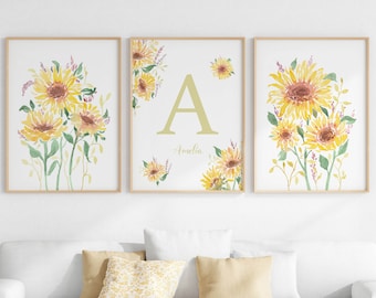 Sunflower Girl Nursery Decor, Baby Initial Name Printable Wall Art Set Of 3, Personalized Floral Letter Prints, Digital Download