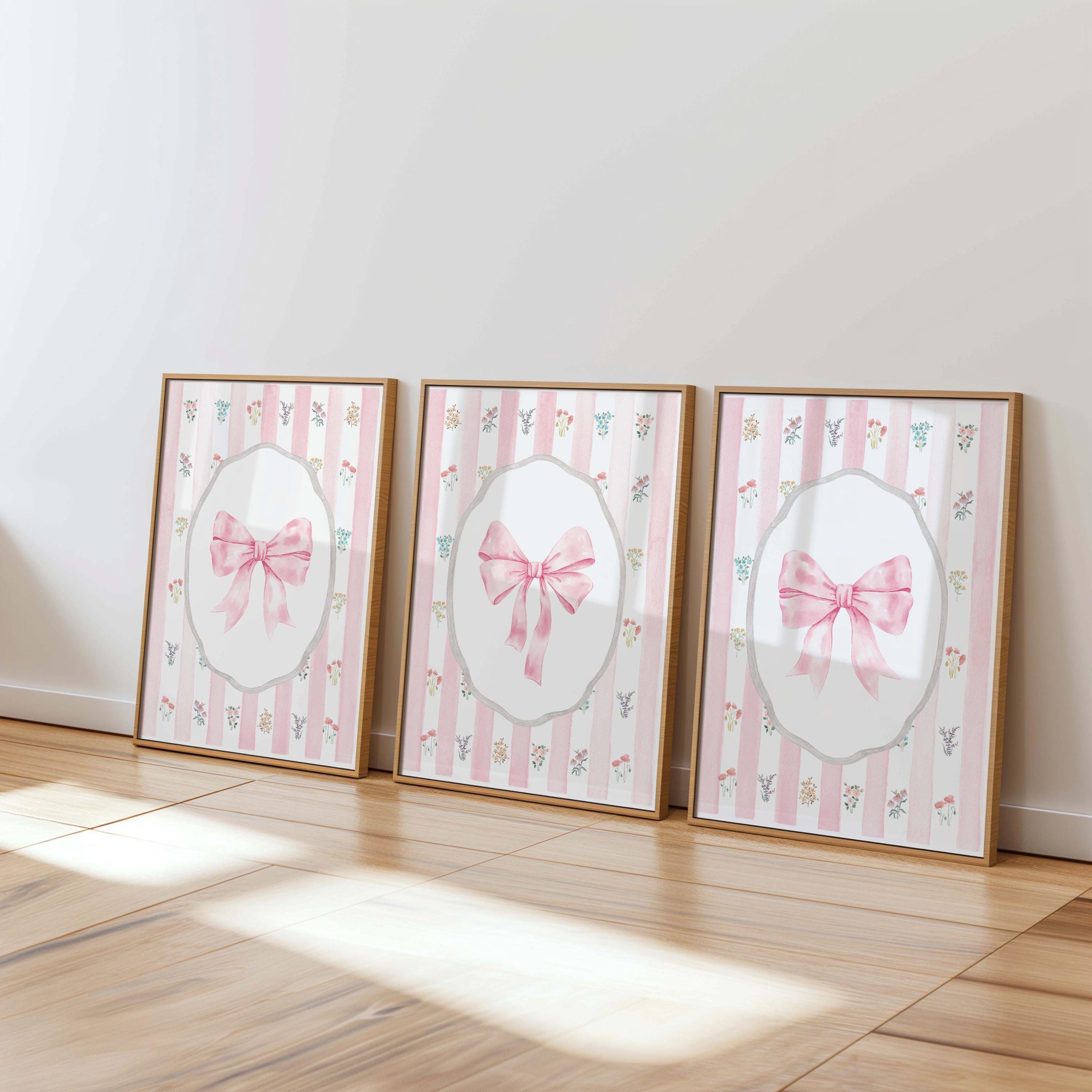 Arte da parete con ciliegie, arte con fiocco in acquerello rosa ciliegia, arte da parete con frutta, decorazione della camera per ragazze, arte da parete alla moda, stampa artistica per bambina