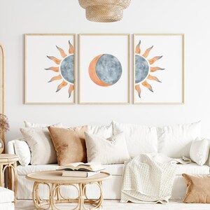 Boho Sun and Moon Wall Art Set of 3, Printable Celestial Watercolor ...