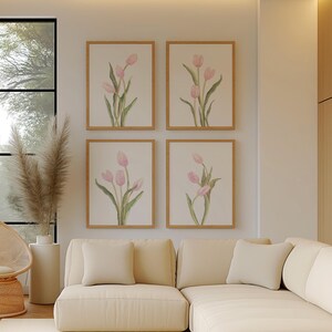 Juego de 4 impresiones de tulipanes rosa pastel, galería floral minimalista de pared, decoración botánica sencilla imagen 10