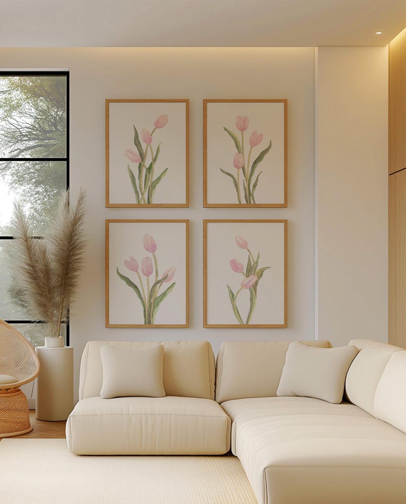 Juego de 4 impresiones de tulipanes rosa pastel, galería floral minimalista de pared, decoración botánica sencilla imagen 10
