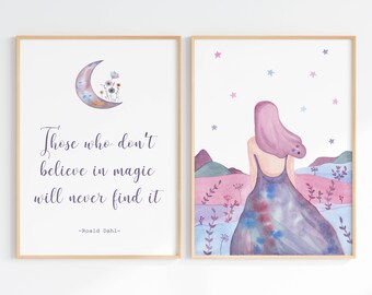 Celestial Watercolor Art Print Set: Roald Dahl Quote, Girl Nursery (Digital Download)