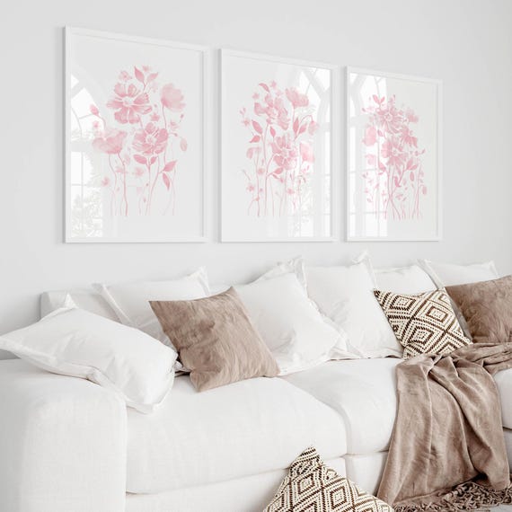 Pastel Pink Flower Dorm Wall Art Set, Girly Bedroom Prints, Cute College Apartment Decor