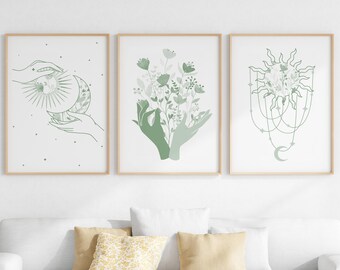 Boho Celestial Wall Art Set Of 3, Bohemian Wall Prints, Sage Green Decor, Mystical Posters, Digital Download