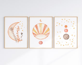 Sun and Moon Wall Art, Set of 2 Prints, Sun and Moon Nursery, Celestial ...