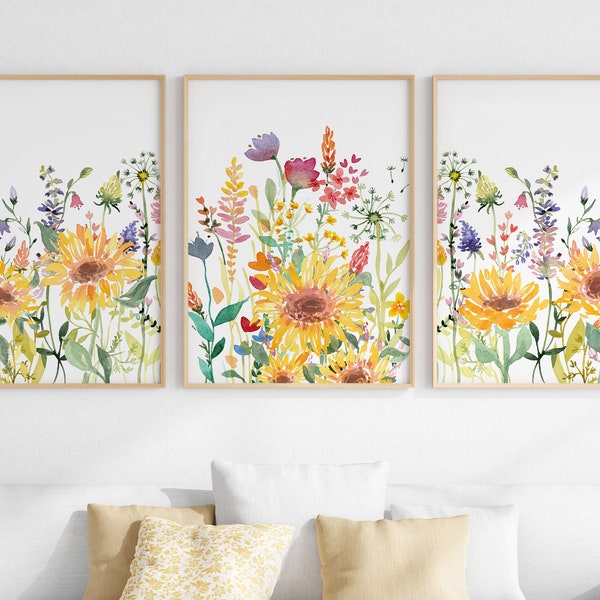 Sunflowers Wall Art Set Of 3, Colorful Floral Watercolor Prints, Printable Wildflower Artwork, Digital Download