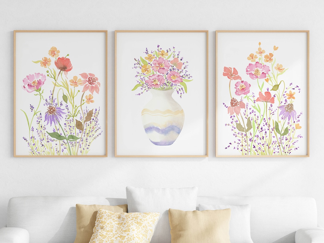 Wildflower Watercolor Print Set of 3, Floral Bouquet in Vase Wall Art ...