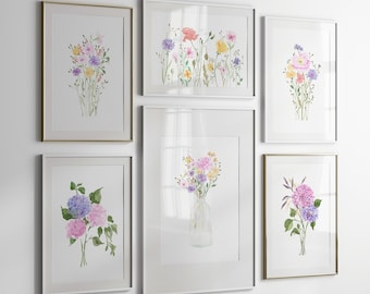 Botanical Floral Gallery Wall Art Set Of 6 Wildflower Watercolor Prints Digital Download