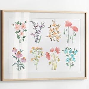 Flower Chart Print, Wildflower Horizontale Poster, Floral Aquarel Wall Art, Digital Download Artwork