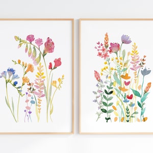 Wall Art Set Of 2 Wildflower Watercolors, Colorful Floral Prints, Digital Download, Printable Flower Posters