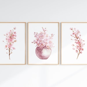 Printable Cherry Blossom Wall Art Set Of 3, Sakura Watercolor Prints, Blush Pink Floral Bouquet In Vase Painting, Instant Download Art