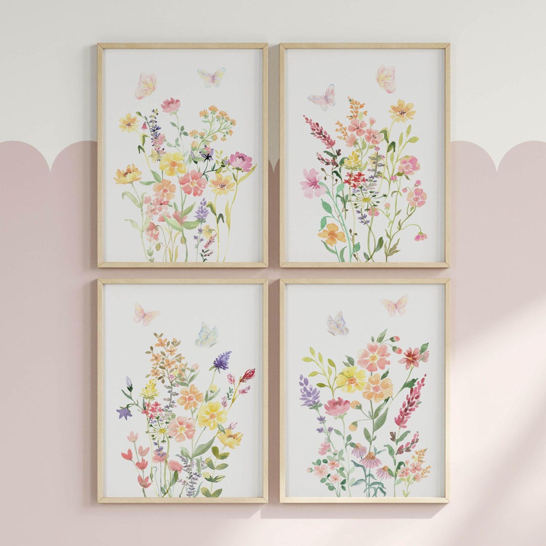 Floral Watercolor Prints Set: Butterfly Wildflower Nursery Decor ...