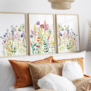 Printable Wildflowers Art Set of 3, Colorful Boho Wall Decor, Botanical ...