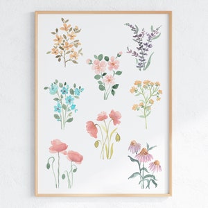 Botanischer Aquarelldruck, Blumen Poster, Wildblumen Kunstwerk, digitaler Download, druckbare Blumen Wandkunst