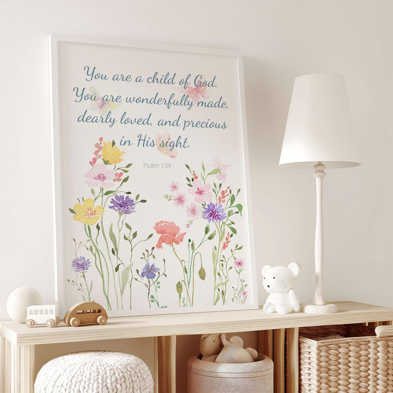 Christian Girl Poster Floral Scripture Print Flower Bible Verse Nursery