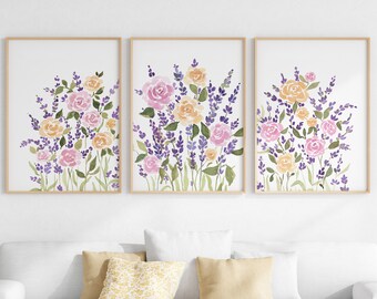 Estampas de flores em aquarela de lavanda: conjunto de arte de parede estilo fazenda (download digital)