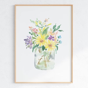 Druckbare Blumen Aquarell, Bunter Wildblumen Blumenstrauß Druck, Blumen Im Glas Wandkunst, Digitaler Download