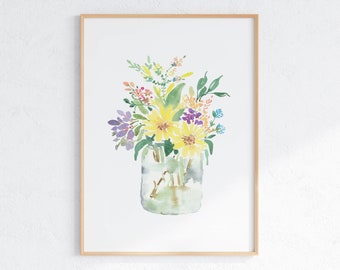 Printable Floral Watercolor, Colorful Wildflower Bouquet Print, Flowers In Jar Wall Art, Digital Download