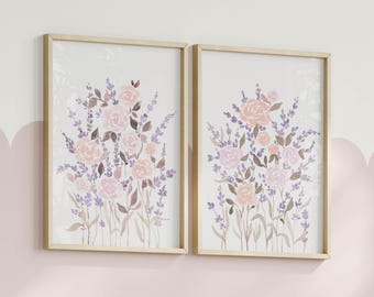 Pink and Lavender Floral Prints, Girly Wall Art Set of 2, Pastel Purple Kids Room Decor