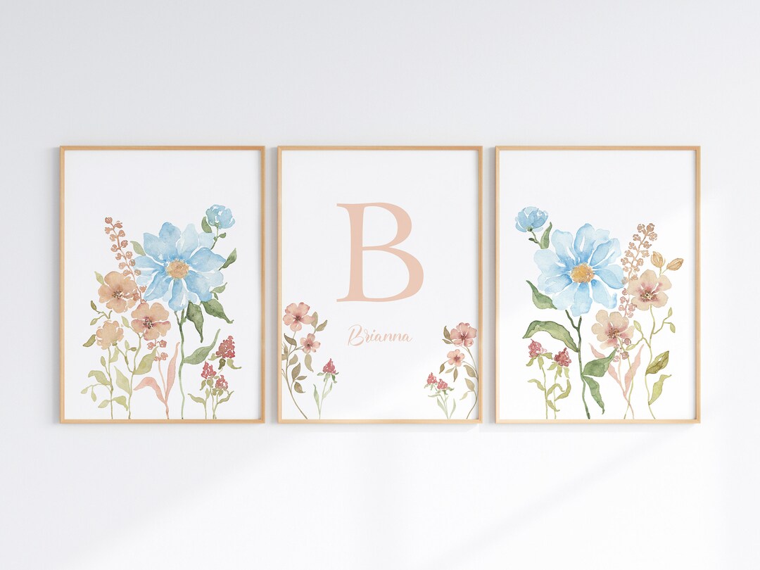 Custom Flower Baby Girl Name Wall Art Set of 3, Wildflower Nursery