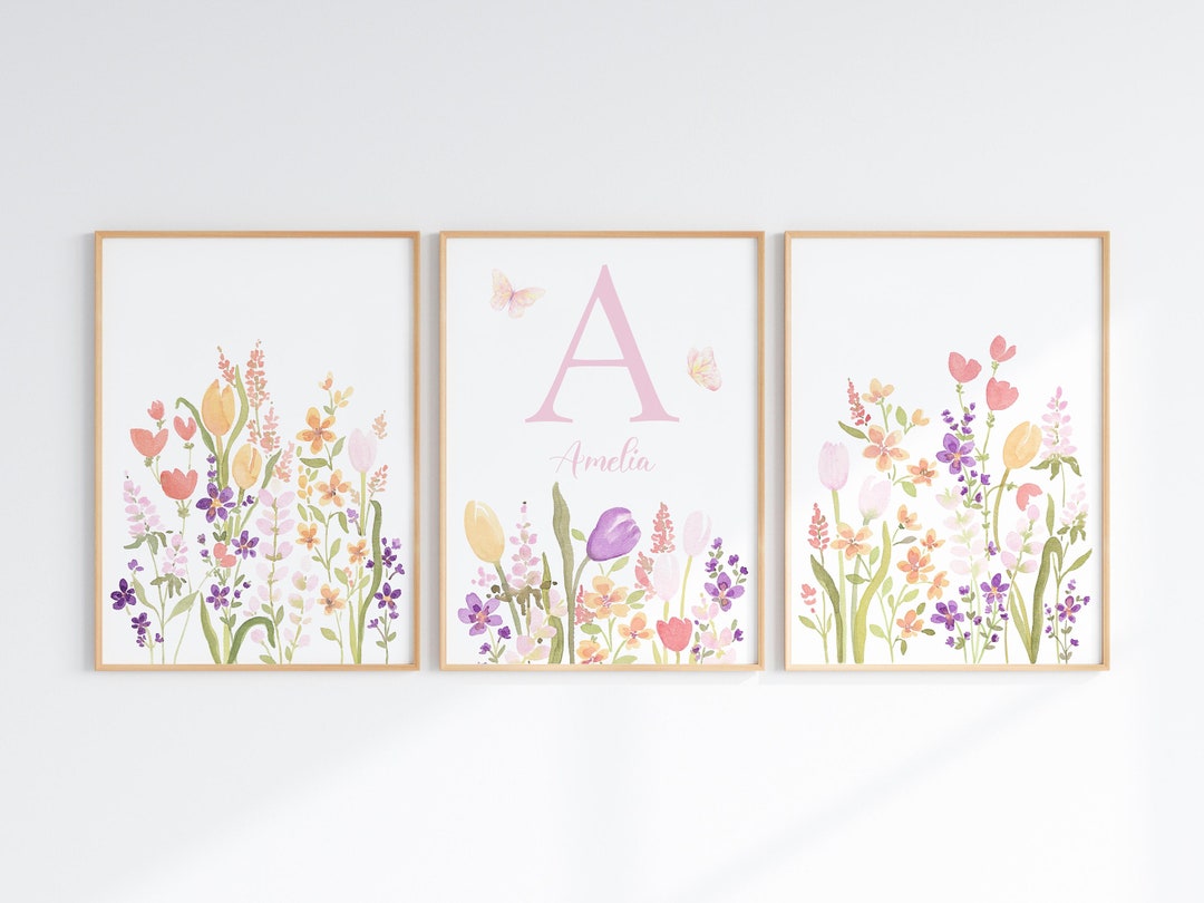 Personalized Floral Nursery Wall Art Set of 3, Spring Flower Letter and ...