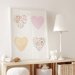 Floral Hearts Watercolor Print, Boho Girls Room Wall Art, Printable Hearts Poster, Digital Download