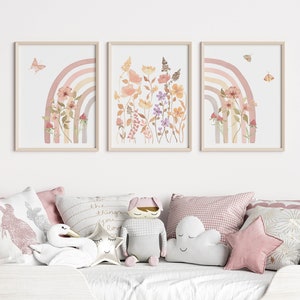 Boho Rainbow Wall Art Set of 3 Wildflower Girl Nursery Prints Rainbow ...