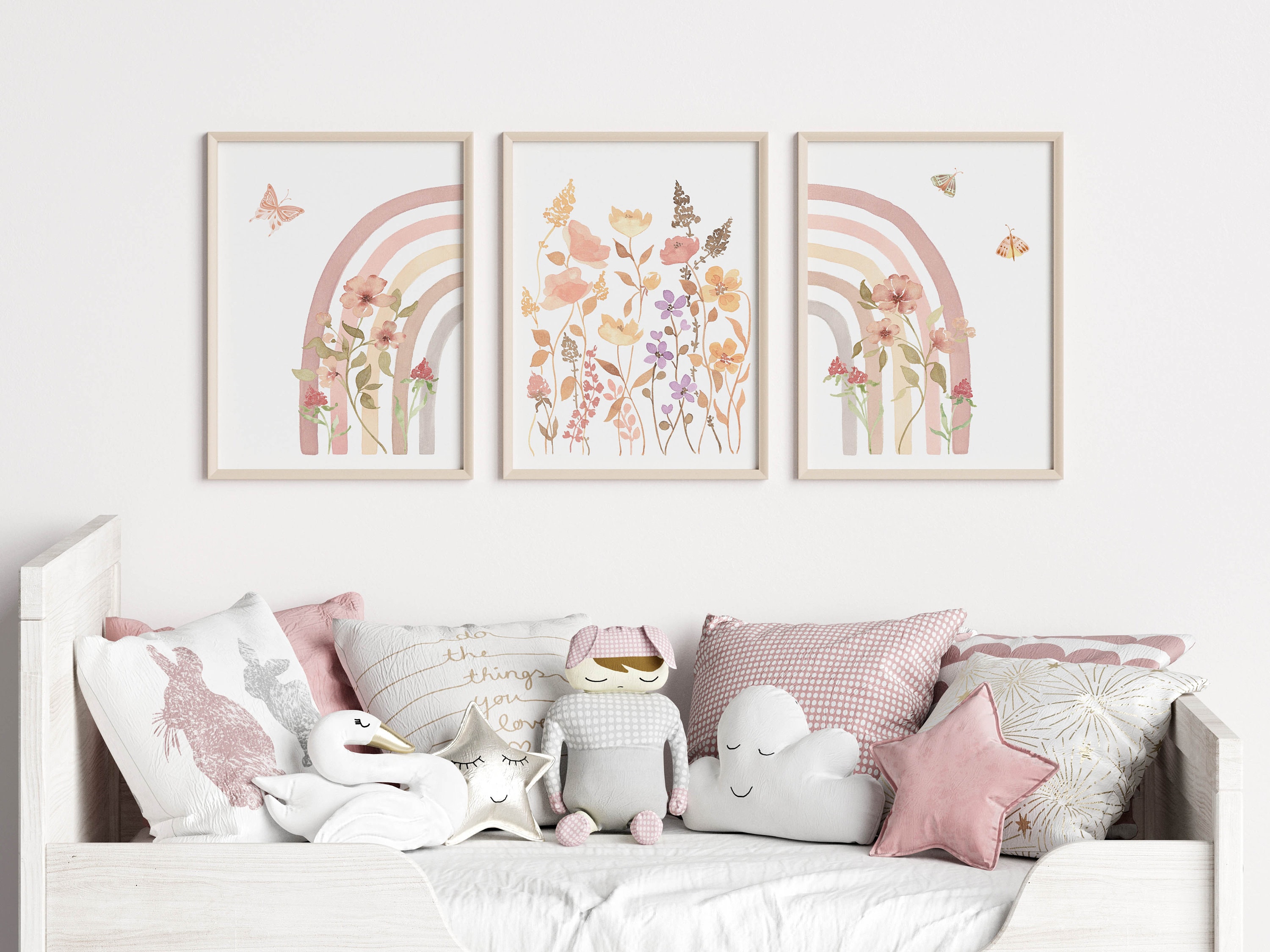 Boho Rainbow Wall Art Set of 3 Wildflower Girl Nursery Prints Rainbow ...