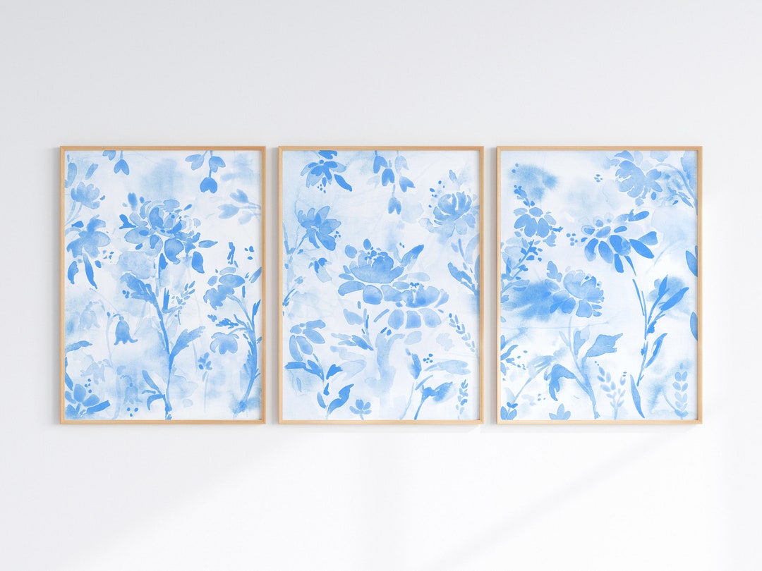 Light Blue Floral Wall Art Set of 3 Prints, Sky Blue Wildflower Posters ...