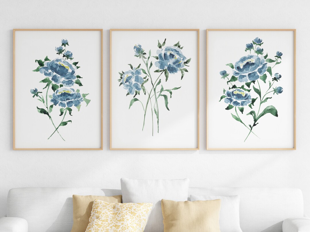 Wall Art Set of 3 Navy Blue Floral Prints, Peony Watercolor, Printable ...