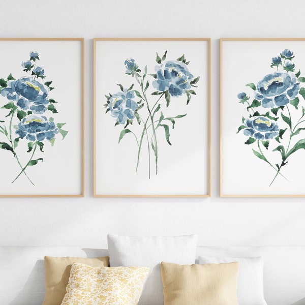 Wall Art Set Of 3 Navy Blue Floral Prints, Peony Watercolor, Printable Flower Artwork, Botanical Decor, Digital Download