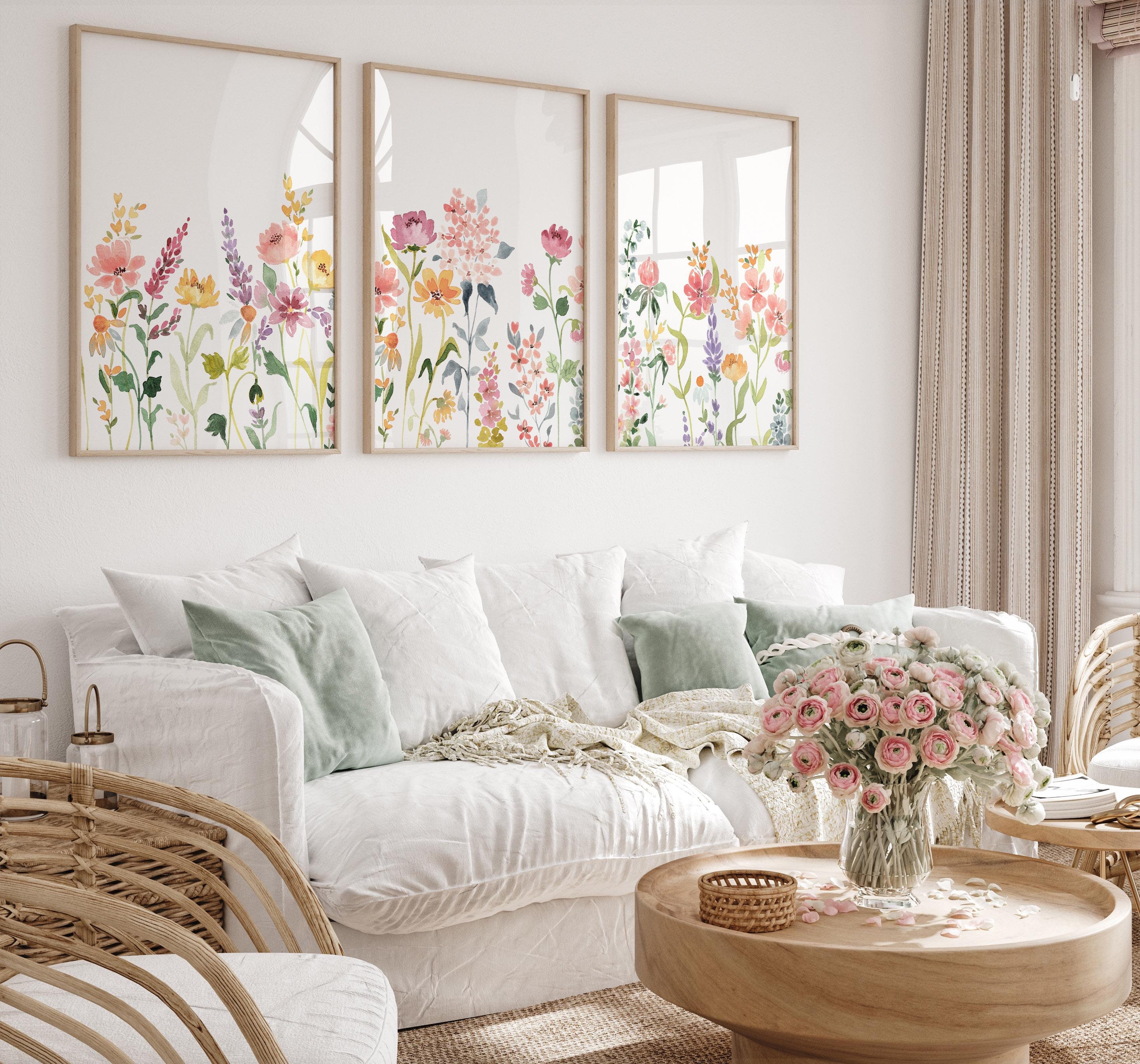 Floral Watercolor Print Set Of 3 Wildflower Field Wall Art Printable Colorful Flowers Paintings Baby Girl Nursery Decor Digital Download