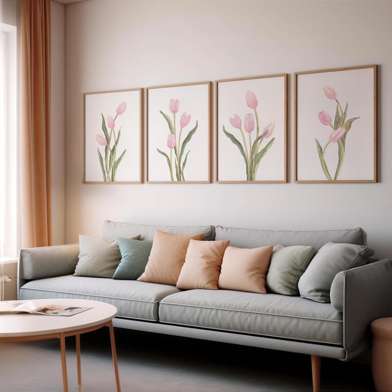 Juego de 4 impresiones de tulipanes rosa pastel, galería floral minimalista de pared, decoración botánica sencilla imagen 11