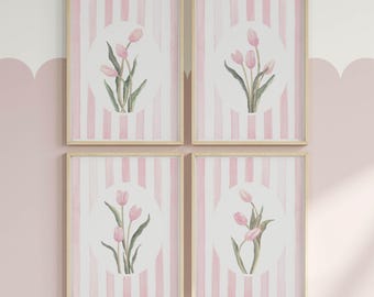 Stampe artistiche per la cameretta dei bambini con tulipani pastello: set di acquerelli floreali rosa chiaro (download digitale)