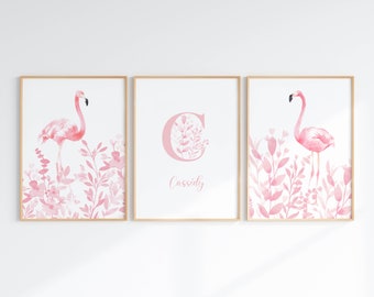 Flamingo Nursery Decor, Blush Pink Wall Art Set Of 3 For Girl Nursery, Initial Letter And Name Print, Digital Download