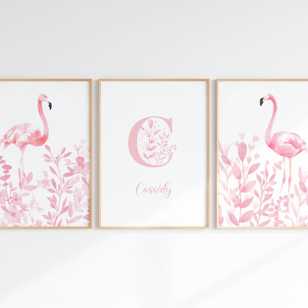 Flamingo Nursery Decor, Blush Pink Wall Art Set Of 3 For Girl Nursery, Lettre initiale et nom imprimé, Téléchargement numérique