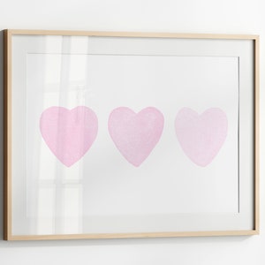 Three Pink Hearts Watercolor Print, Horizontal Hearts Poster, Baby Girl Nursery Decor, Digital Download Art