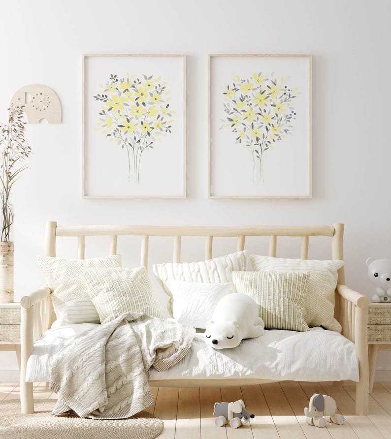 Yellow and Gray Floral Watercolor Prints Set of 2 Girls Bedroom Wall