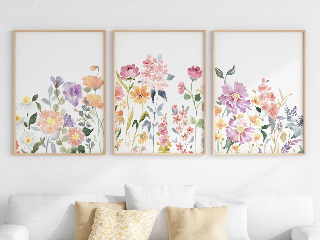 Wildflower Watercolor Wall Art Set of 3, Bright Floral Prints, Digital ...