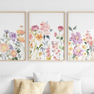 Wildflower Watercolor Wall Art Set Of 3, Bright Floral Prints, Digital Download Art, Printable Flower Posters