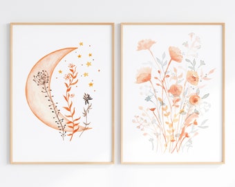 Floral Moon And Stars Nursery Prints, Boho Celestial Baby Girl Room, Wall Art Set Of 2 Wildflower Moon Decor, Digital Download