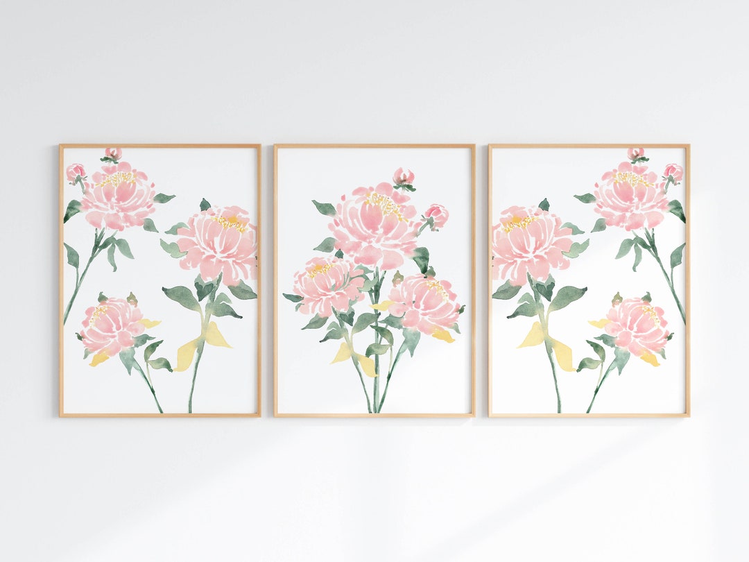 Large Pink Peony Watercolor Print Set of 3, Blush Pink Flower Wall Art ...