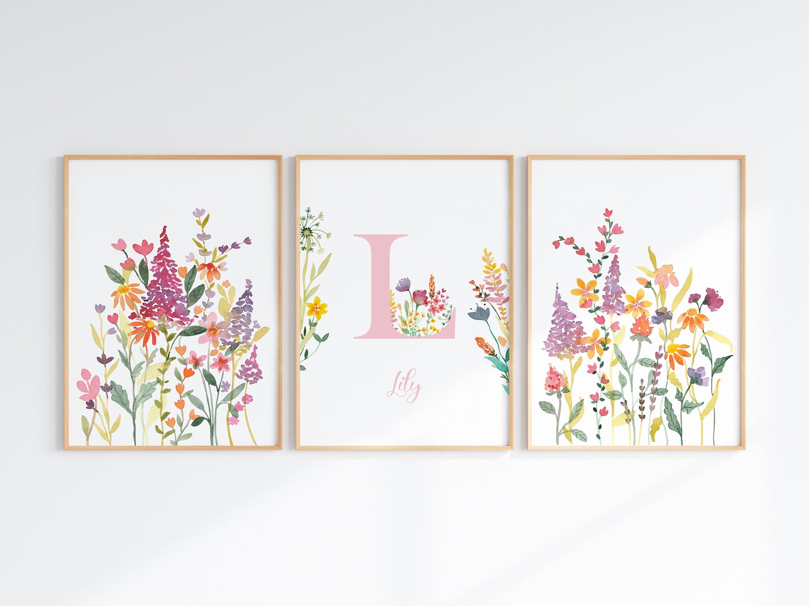 Floral Initial Nursery Art: Wildflower Watercolor Print Set, Baby Girls ...