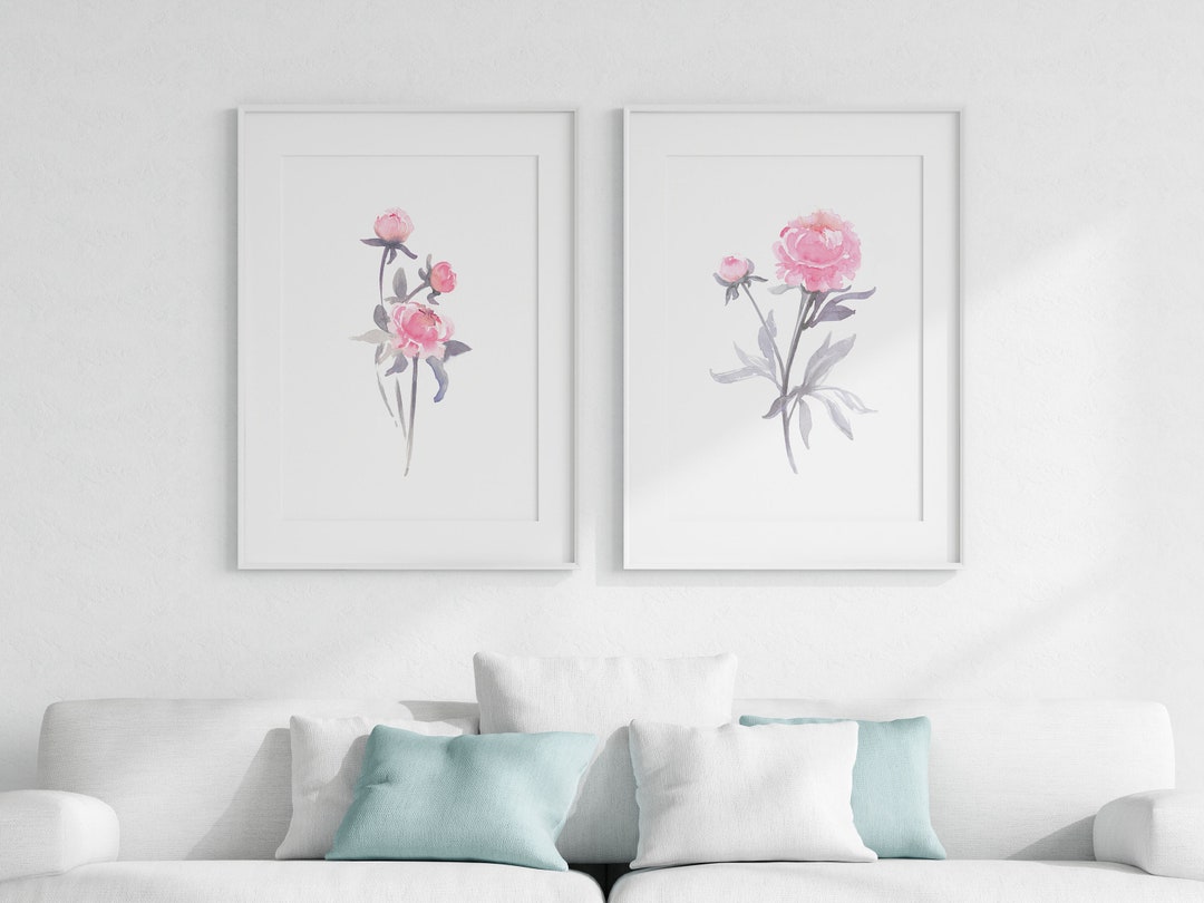 Peony Watercolor Print Set of 2 Pink and Gray Floral Wall - Etsy