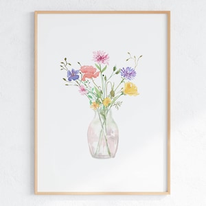Colorido ramo de flores silvestres imprimir flores brillantes en jarrón acuarela imprimible floral pared arte descarga instantánea de arte
