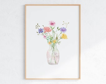 Wildflower Bouquet Print: Colorful Floral Vase Watercolor Art (Digital Download)