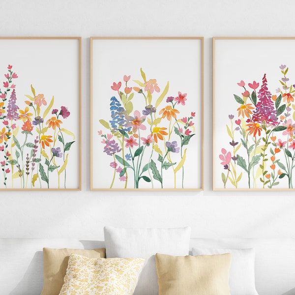 Colorful Wall Art Set Of 3 Wildflower Prints, Digital Download, Printable Floral Watercolors