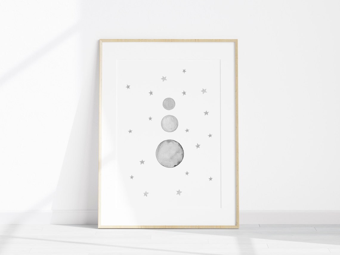 Grey Moon and Stars Nursery Wall Art Set of 3 Baby Room Etsy