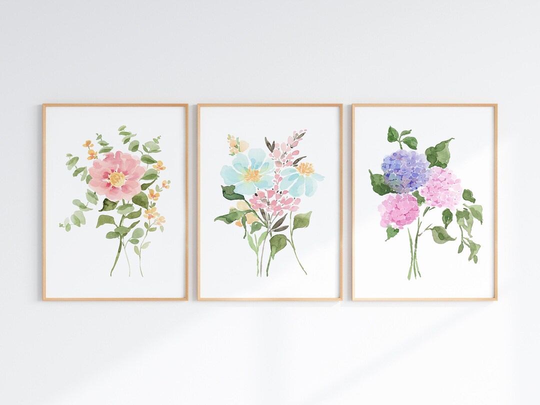 Colorful Floral Watercolor Print Set of 3, Wildflower Wall Art, Digital ...