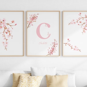 Cherry Blossom Wall Art Set Of 3 For Girl Nursery, Personalized Name Print, Blush Pink Flower Watercolors, Initial Letter, Instant Download